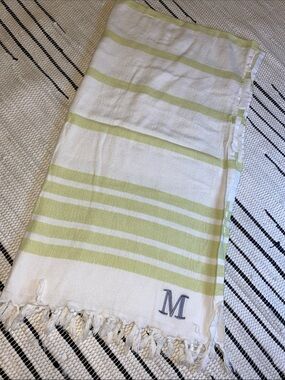 🏖️ 🍋‍🟩 Striped Cotton Beach Towel with Monogram M - White & Lime Green